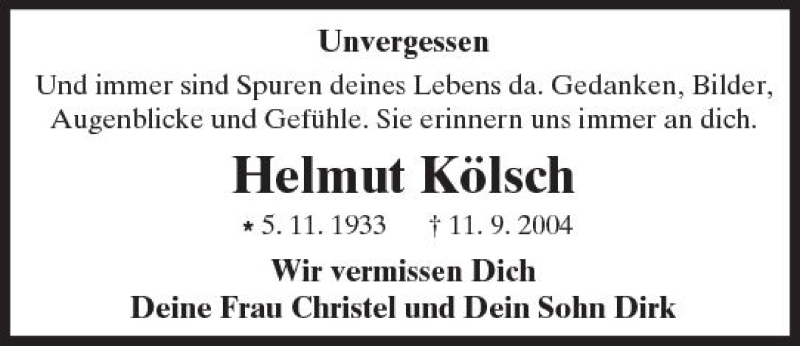  Traueranzeige für Helmut Kölsch vom 11.09.2017 aus Trauerportal Rhein Main Presse