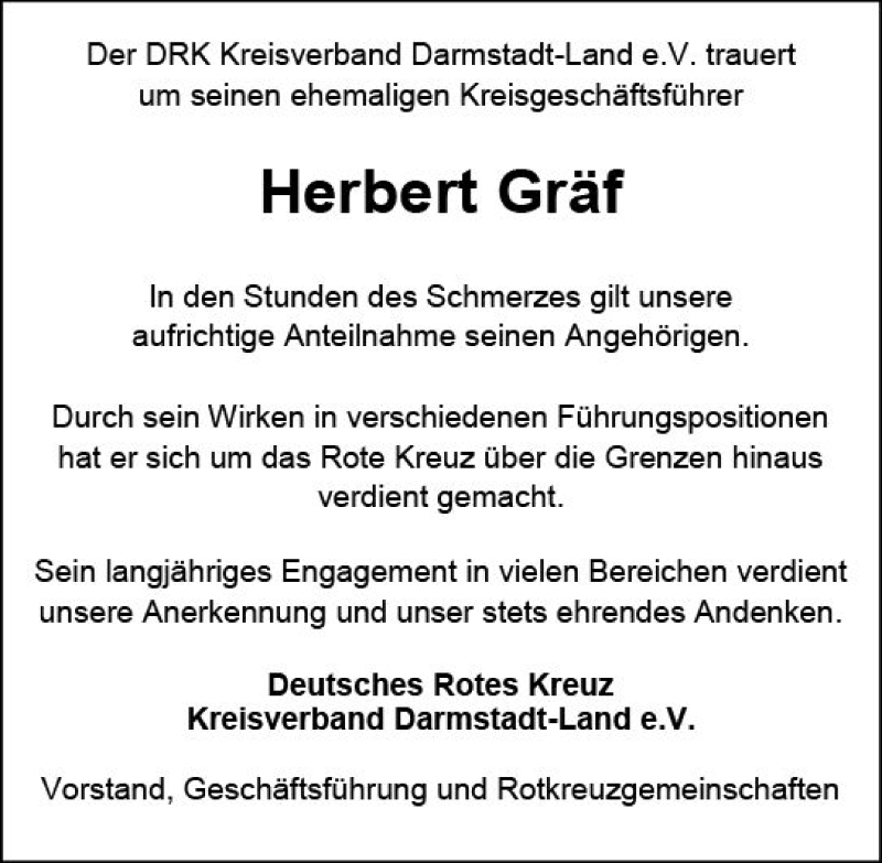  Traueranzeige für Herbert Gräf vom 02.09.2017 aus Trauerportal Echo Online