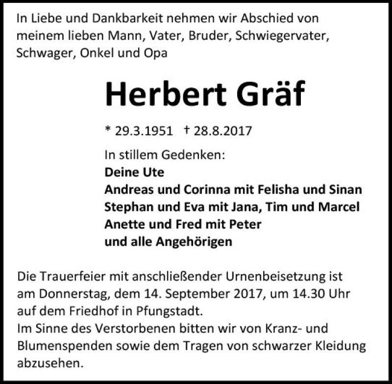  Traueranzeige für Herbert Gräf vom 02.09.2017 aus Trauerportal Echo Online