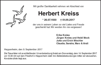 Traueranzeige von Herbert Kreiss von Trauerportal Echo Online