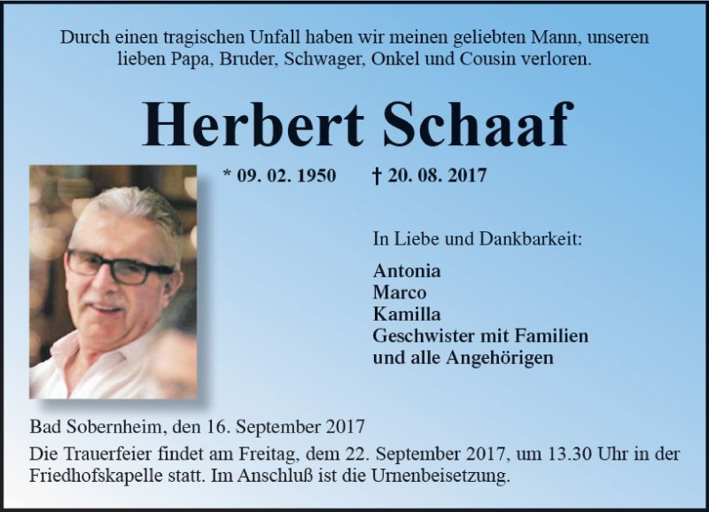  Traueranzeige für Herbert Schaaf vom 16.09.2017 aus Trauerportal Rhein Main Presse