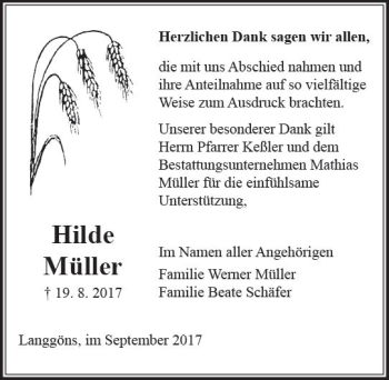 Traueranzeige von Hilde Müller von  Gießener Anzeiger