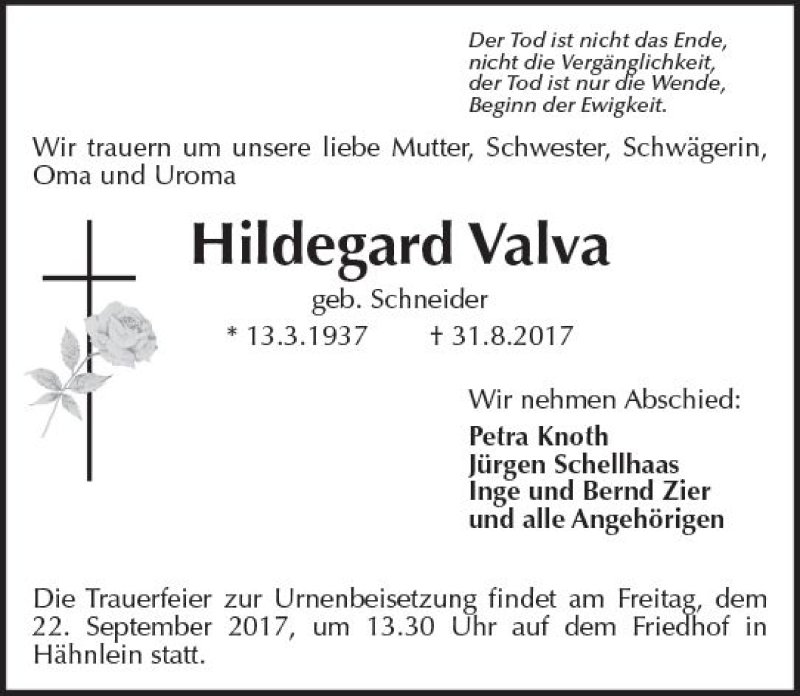  Traueranzeige für Hildegard Valva vom 09.09.2017 aus Trauerportal Echo Online