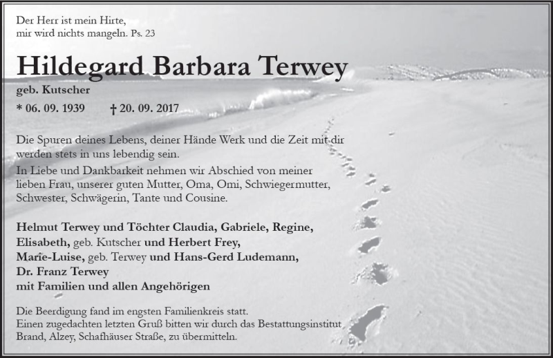  Traueranzeige für Hildegard Barbara Terwey vom 30.09.2017 aus Trauerportal Rhein Main Presse