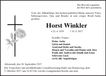 Traueranzeige von Horst Winkler von  Kreisanzeiger