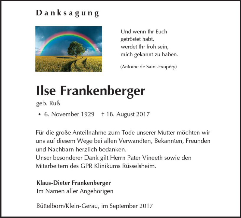  Traueranzeige für Ilse Frankenberger vom 30.09.2017 aus Trauerportal Echo Online
