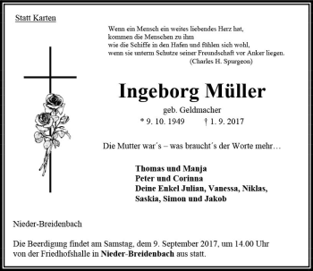 Traueranzeige von Ingeborg Müller von VRM Trauer