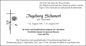 Traueranzeige von Ingeborg Schonert von Trauerportal Echo Online