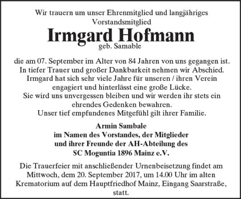  Traueranzeige für Irmgard Hofmann vom 16.09.2017 aus Trauerportal Rhein Main Presse