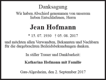 Traueranzeige von Jean Hofmann von Trauerportal Rhein Main Presse