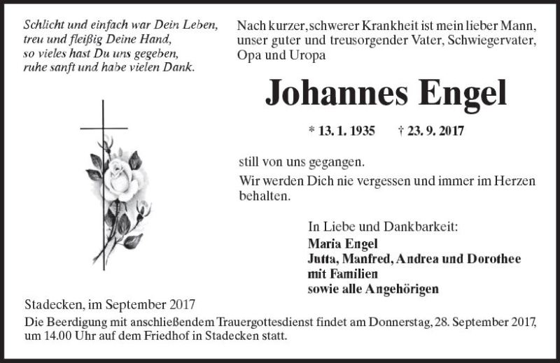  Traueranzeige für Johannes Engel vom 26.09.2017 aus Trauerportal Rhein Main Presse