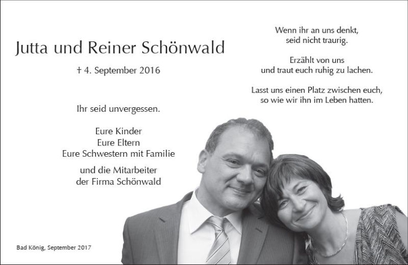  Traueranzeige für Jutta und Reiner Schönwald vom 04.09.2017 aus Trauerportal Echo Online