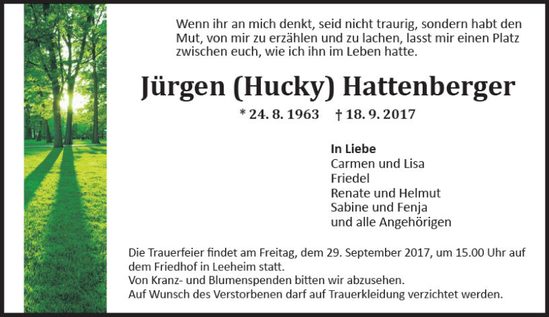  Traueranzeige für Jürgen  Hattenberger vom 23.09.2017 aus Trauerportal Echo Online