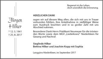 Traueranzeige von Jürgen Hilker von Trauerportal Echo Online