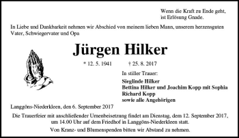 Traueranzeige von Jürgen Hilker von Trauerportal Echo Online