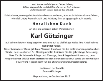 Traueranzeige von Karl Götzinger von Trauerportal Echo Online