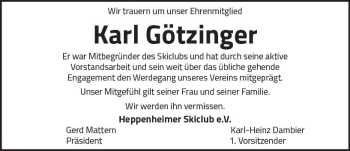 Traueranzeige von Karl Götzinger von Trauerportal Echo Online