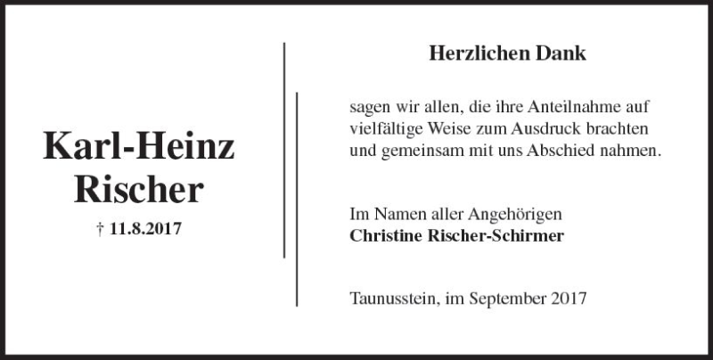  Traueranzeige für Karl-Heinz Rischer vom 16.09.2017 aus Trauerportal Rhein Main Presse
