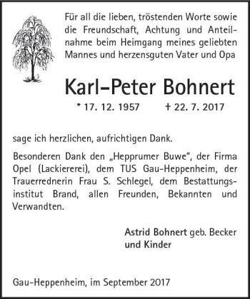 Traueranzeige von Karl-Peter Bohnert von Trauerportal Rhein Main Presse