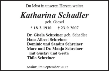 Traueranzeige von Katharina Schadler von Trauerportal Rhein Main Presse