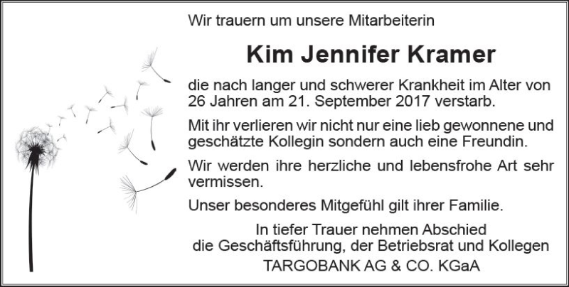  Traueranzeige für Kim Jennifer Kramer vom 30.09.2017 aus  Gießener Anzeiger