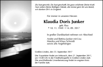 Traueranzeige von Klaudia Doris Junker von VRM Trauer