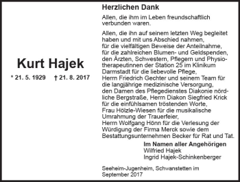 Traueranzeige von Kurt Hajek von Trauerportal Echo Online