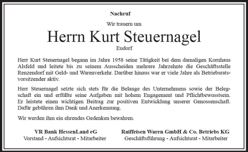  Traueranzeige für Kurt Steuernagel vom 13.09.2017 aus VRM Trauer