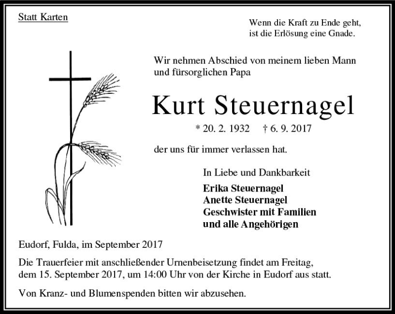  Traueranzeige für Kurt Steuernagel vom 12.09.2017 aus VRM Trauer