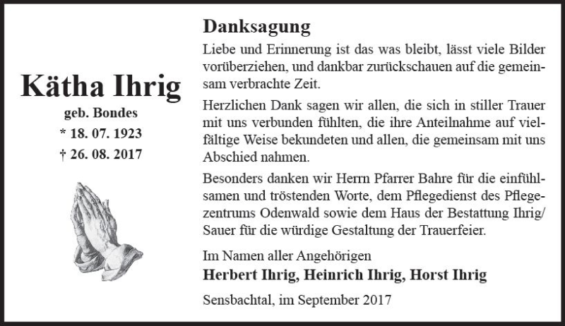  Traueranzeige für Kätha Ihrig vom 29.09.2017 aus Trauerportal Echo Online