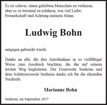 Traueranzeige von Ludwig Bohn von Trauerportal Echo Online