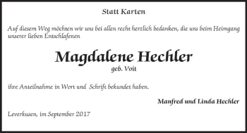 Traueranzeige von Magdalena Hechler von Trauerportal Echo Online