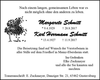 Traueranzeige von Margarete und Karl Hermann Schmitt von Trauerportal Rhein Main Presse