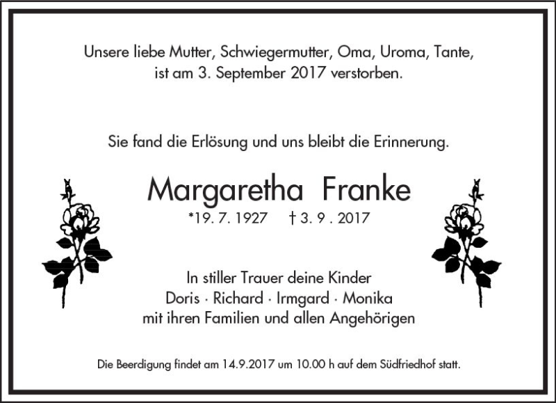  Traueranzeige für Margaretha Franke vom 13.09.2017 aus Trauerportal Rhein Main Presse
