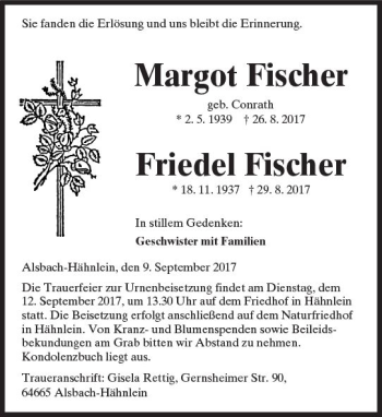 Traueranzeige von Margot und Friedel Fischer von Trauerportal Echo Online