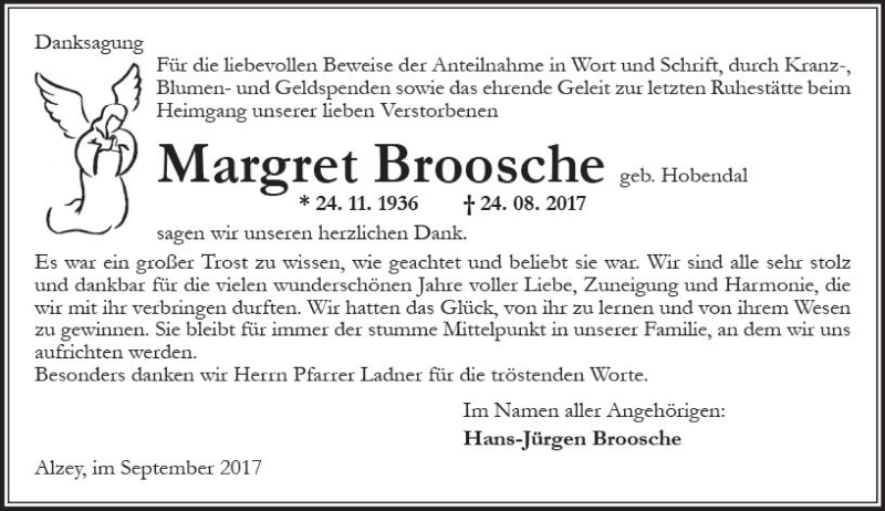  Traueranzeige für Margret Broosche vom 16.09.2017 aus Trauerportal Rhein Main Presse