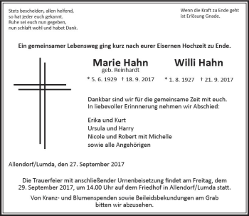 Traueranzeige von Marie und Willi Hahn von  Gießener Anzeiger