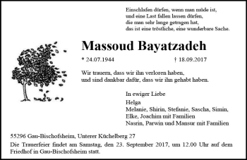 Traueranzeige von Massoud Bayatzadeh von Trauerportal Rhein Main Presse