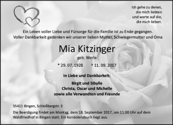 Traueranzeige von Mia Kitzinger von Trauerportal Rhein Main Presse