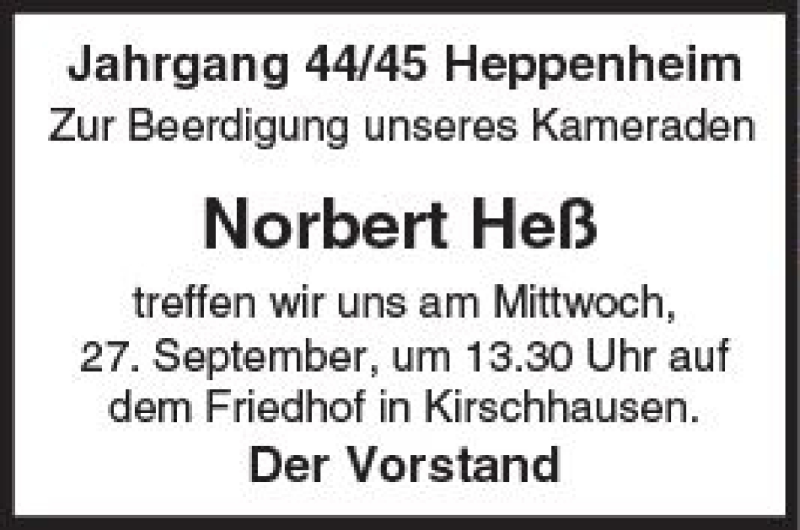  Traueranzeige für Norbert Heß vom 26.09.2017 aus Trauerportal Echo Online