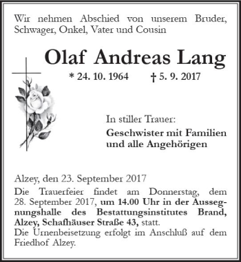 Traueranzeige von Olaf Andreas Lang von Trauerportal Rhein Main Presse