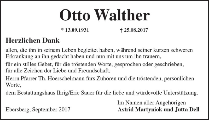  Traueranzeige für Otto Walther vom 14.09.2017 aus Trauerportal Echo Online