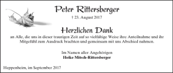 Traueranzeige von Peter Rittersberger von Trauerportal Echo Online