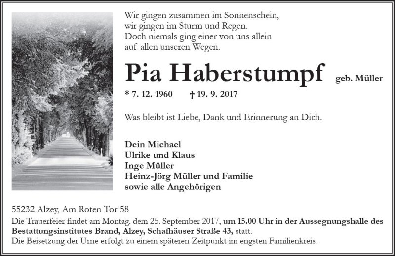  Traueranzeige für Pia Haberstumpf vom 21.09.2017 aus Trauerportal Rhein Main Presse