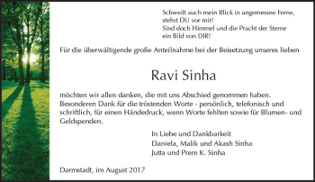 Traueranzeige von Ravi Sinha von Trauerportal Echo Online