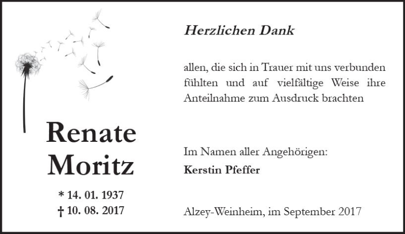  Traueranzeige für Renate Moritz vom 09.09.2017 aus Trauerportal Rhein Main Presse