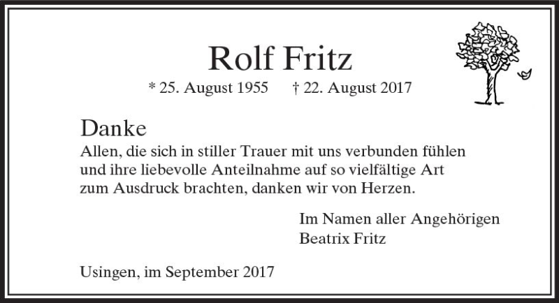  Traueranzeige für Rolf Fritz vom 09.09.2017 aus  Usinger Anzeiger