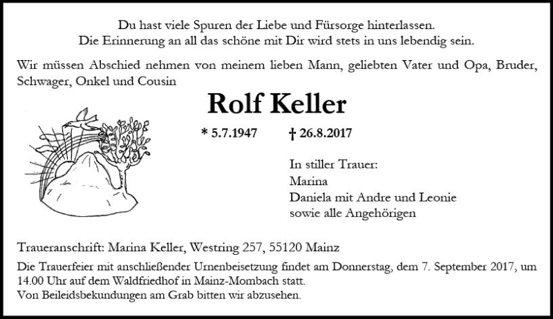  Traueranzeige für Rolf Keller vom 02.09.2017 aus Trauerportal Rhein Main Presse