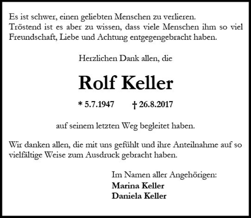  Traueranzeige für Rolf Keller vom 16.09.2017 aus Trauerportal Rhein Main Presse