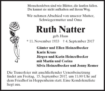 Traueranzeige von Ruth Natter von Trauerportal Echo Online
